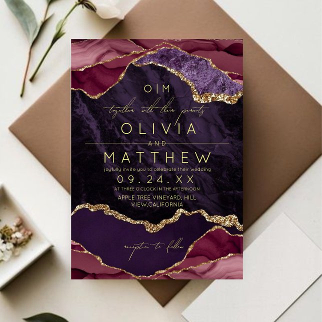 Burgundy, Purple & Gold Agate Wedding Invitation (Creator Uploaded)