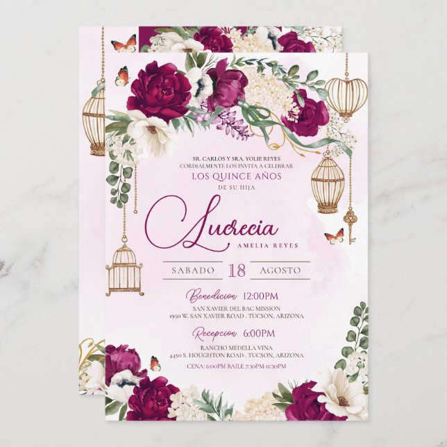 Burgundy Purple gold Butterfly Elegant Quinceañera Invitation (Front/Back)
