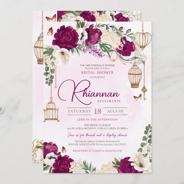 Burgundy Purple Gold Floral Elegant Bridal Shower Invitation (Front/Back)