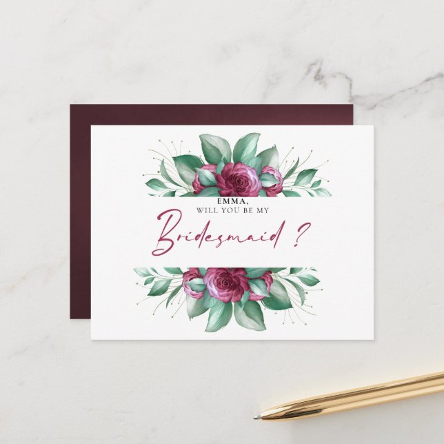 Burgundy Purple Ivory Floral Bridesmaid Postcard (Front/Back In Situ)