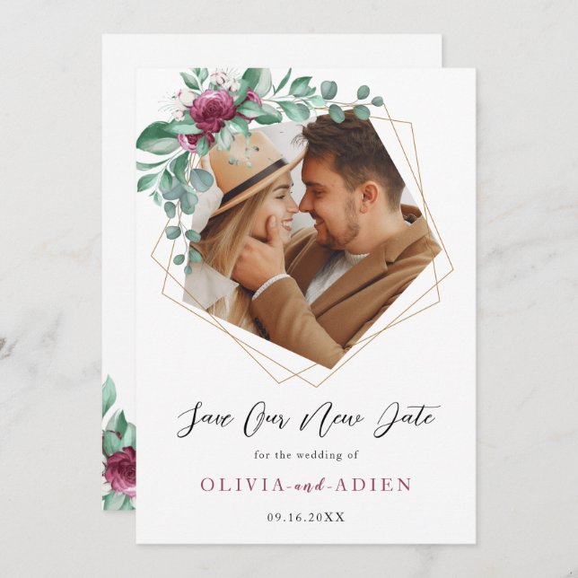 Burgundy Purple Ivory Floral Geometric  Photo Save The Date (Front/Back)