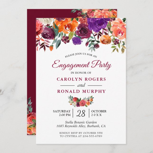 Burgundy Purple Orange Floral Engagement Party Invitation (Front/Back)