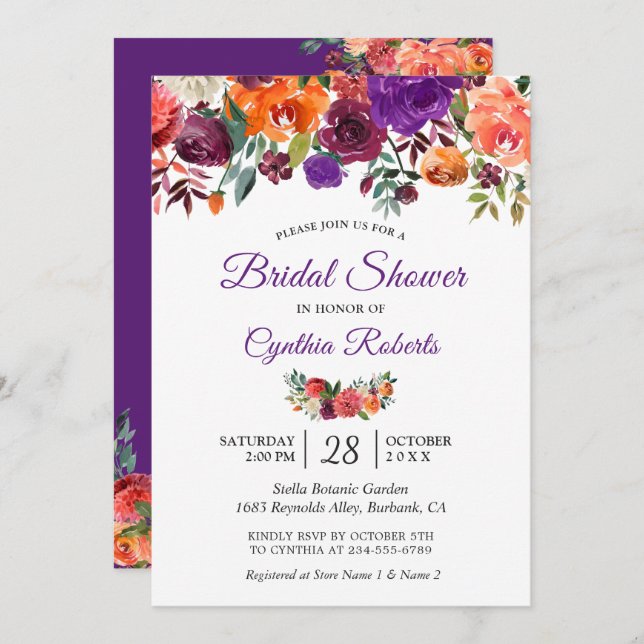 Burgundy Purple Orange Floral Garden Bridal Shower Invitation (Front/Back)