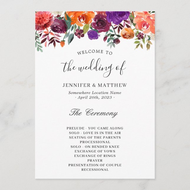 Burgundy Purple Orange Floral Wedding Program (Front)