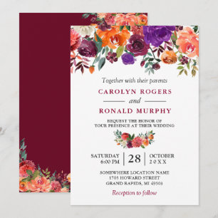 Burgundy Purple Orange Red Floral Wedding Invitation