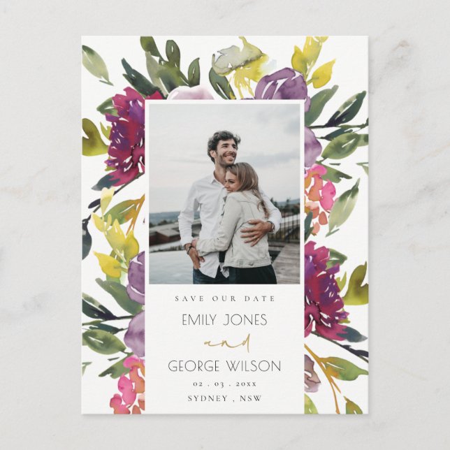 BURGUNDY PURPLE PINK GREEN FLORAL SAVE THE DATE ANNOUNCEMENT POSTCARD (Front)