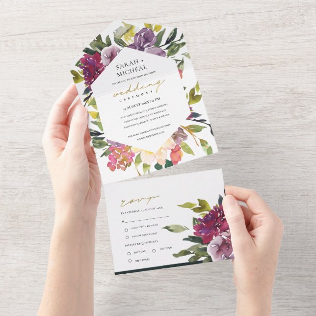 BURGUNDY PURPLE PINK LIME GREEN FLORAL WEDDING ALL ALL IN ONE INVITATION (Tearaway)