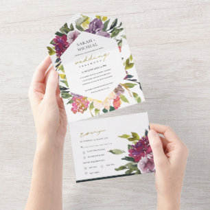BURGUNDY PURPLE PINK LIME GREEN FLORAL WEDDING ALL ALL IN ONE INVITATION