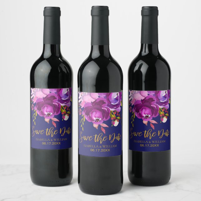 Burgundy Purple Red Gold Floral Save the Date Wine Label (Bottles)