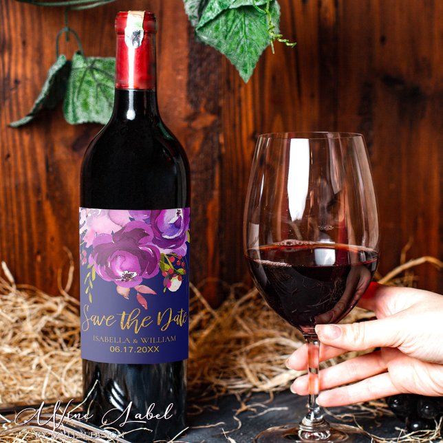 Burgundy Purple Red Gold Floral Save the Date Wine Label (Creator Uploaded)