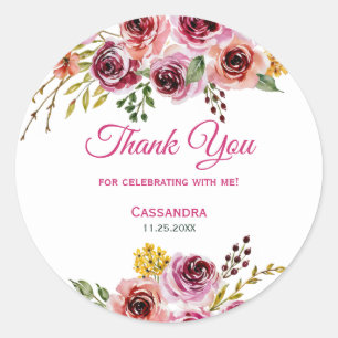 Burgundy Purple Rose Floral Birthday Thank You Classic Round Sticker