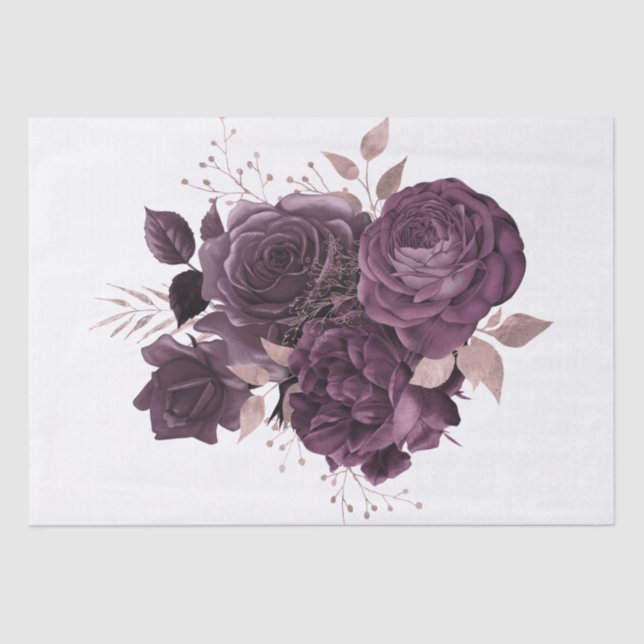 Burgundy Purple Rose Gold Floral Bouquet Decoupage Tissue Paper (Front)