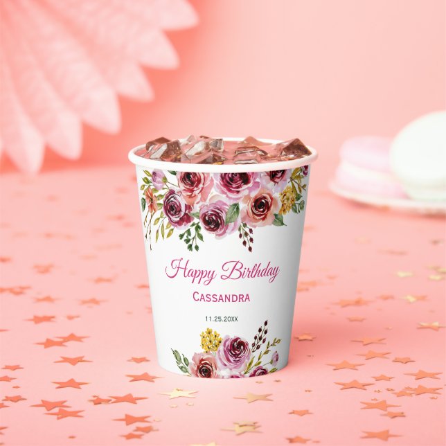 Burgundy Purple Rose Rustic Floral Birthday  Paper Cups (Insitu)