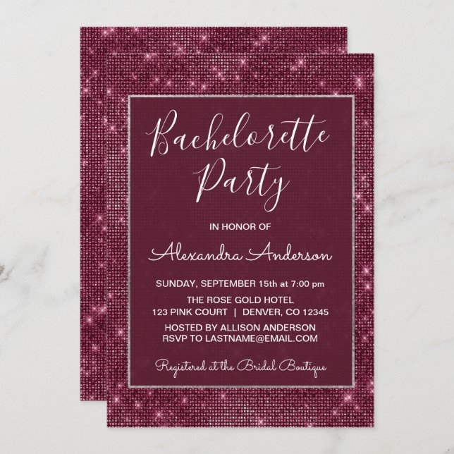 Burgundy Purple Sparkle Bachelorette Party Invitation (Front/Back)