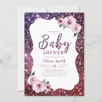 Burgundy purple sparkle glitter floral baby shower