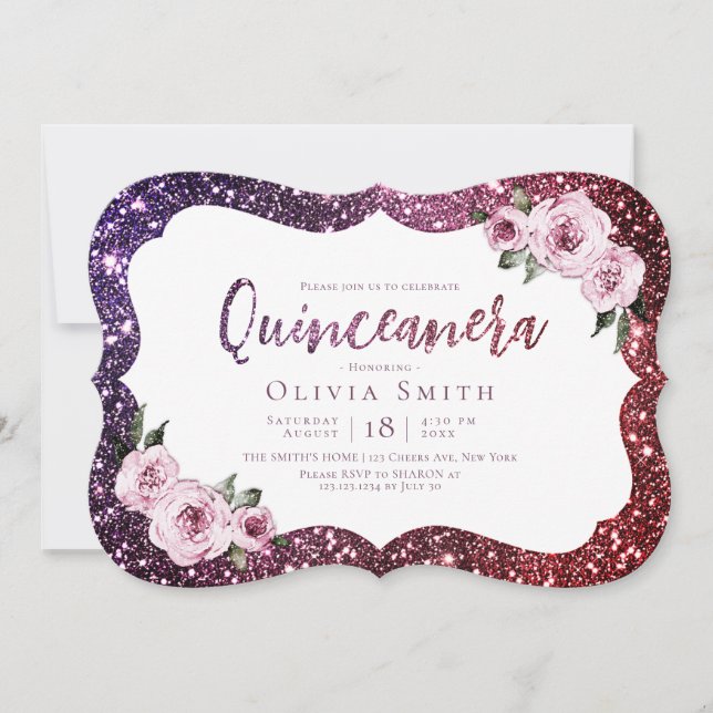Burgundy purple sparkle glitter floral Quinceanera Invitation (Front)