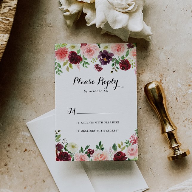 Burgundy Purple Spring Floral Calligraphy RSVP Card (Creator Uploaded)