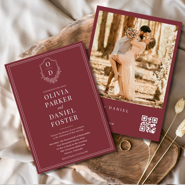 Burgundy QR Code Classic Crest Photo Wedding Invitation (Creator Uploaded)