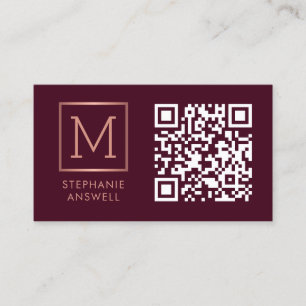 Burgundy QR Code Logo Monogram Rose Gold Business Card