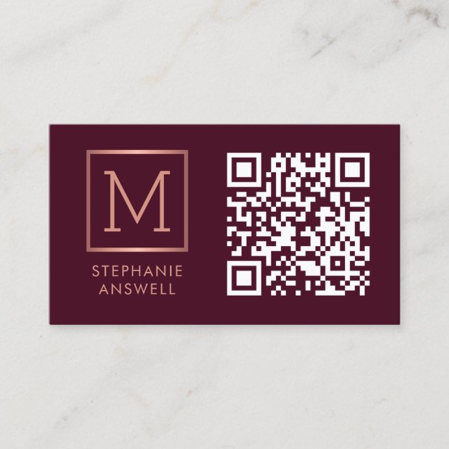 Burgundy QR Code Logo Monogram Rose Gold Business Card (Front)