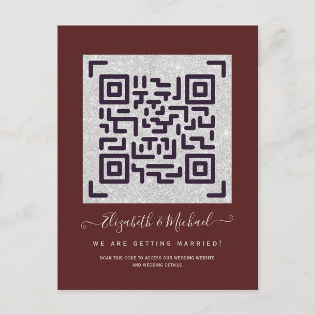 BURGUNDY QR SCANNING CODE Wedding Website Details  Postcard (Front)