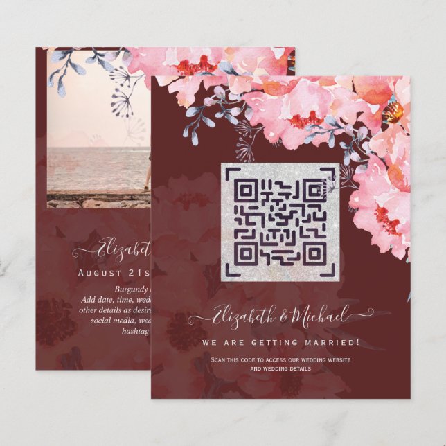 Burgundy QR SCANNING CODE Wedding Website Invites (Front/Back)