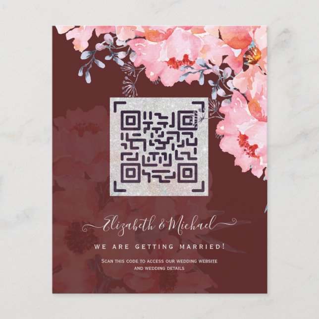 Burgundy QR SCANNING CODE Wedding Website Invites Flyer (Front)