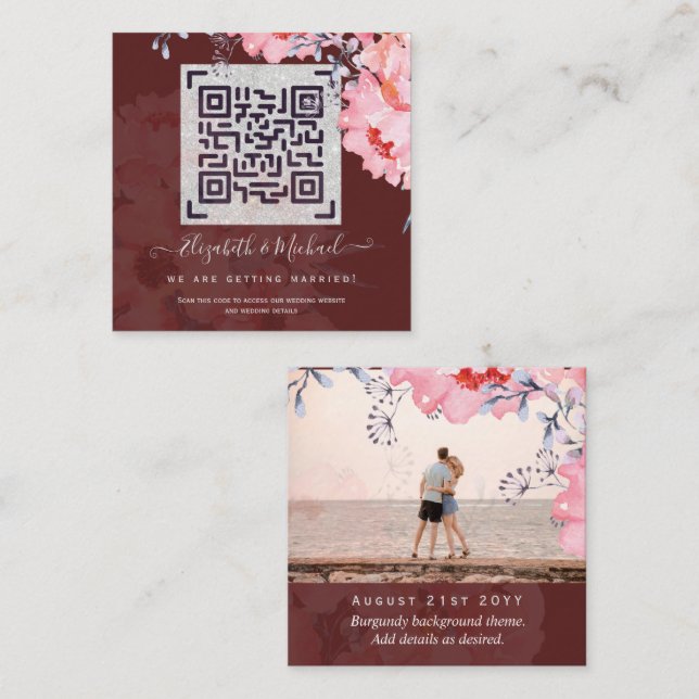 Burgundy QR SCANNING CODE Wedding Website PHOTO Card (Front/Back)