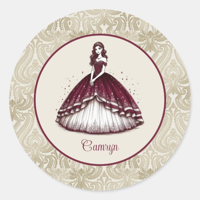 Burgundy Quinceañera Dress Classic Round Sticker (Front)