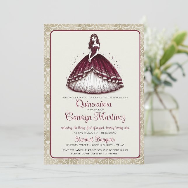 Burgundy Quinceañera Dress Invitation (Standing Front)