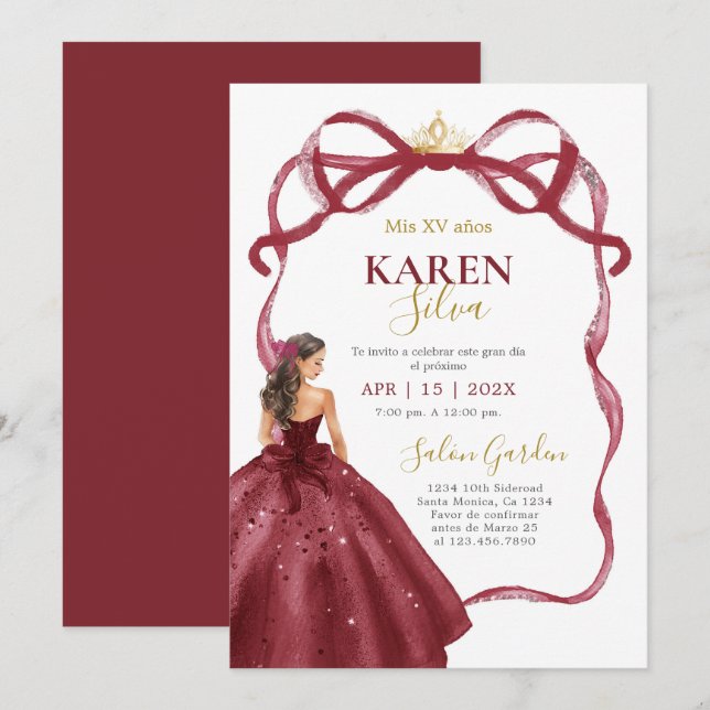 Burgundy Quinceanera Invitation (Front/Back)