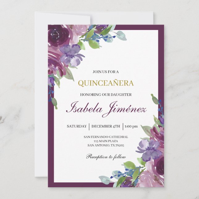 Burgundy quinceañera  invitation (Front)
