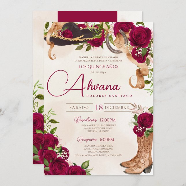 Burgundy Quinceanera Roses Vintage Charro Western Invitation (Front/Back)