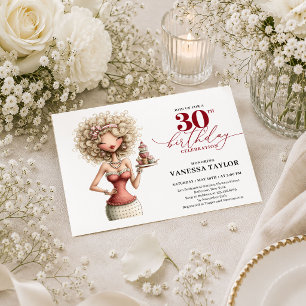 Burgundy Quirky Woman 30th Birthday Deep Red Party Invitation