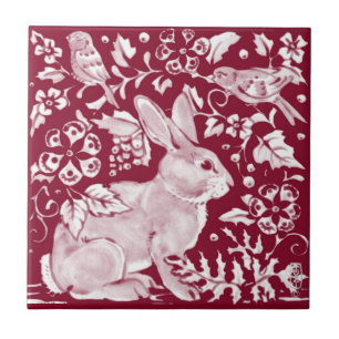 Burgundy Rabbit Bunny Birds Floral Dedham Delft Ceramic Tile