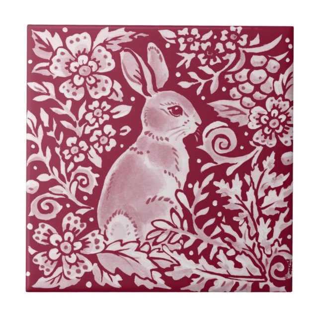 Burgundy Rabbit Bunny Woodland Floral Art Ceramic Tile (Front)