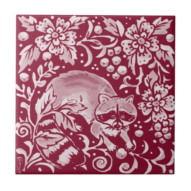 Burgundy Racoon Woodland Forest Animal Floral Ceramic Tile (Front)