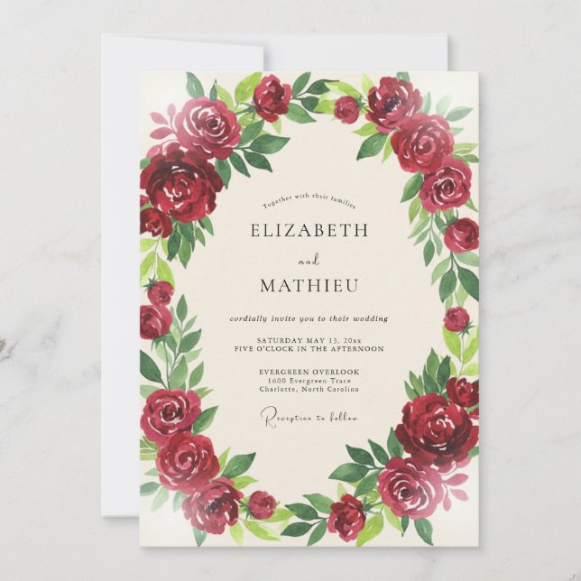 Burgundy Ranunculus Leafy Wedding Invitation (Front)