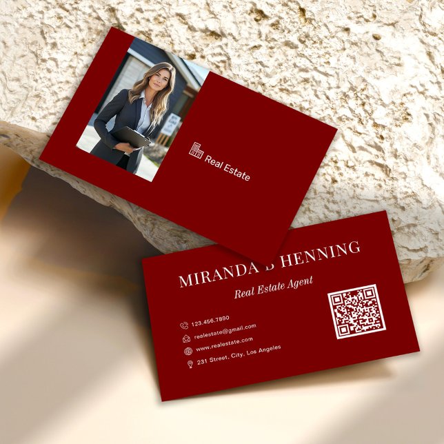 Burgundy Real Estate Agent Photo QR Code Business Card (Creator Uploaded)