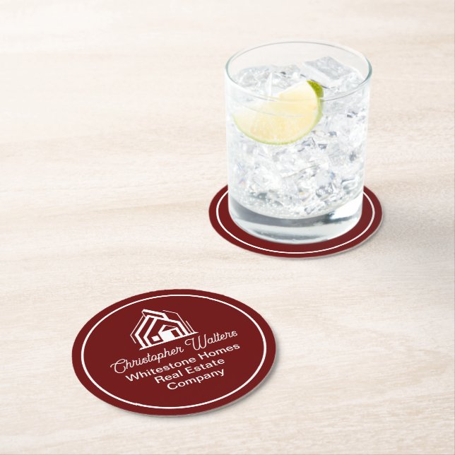 Burgundy Real Estate Company Custom Realtor Round Paper Coaster (Insitu)