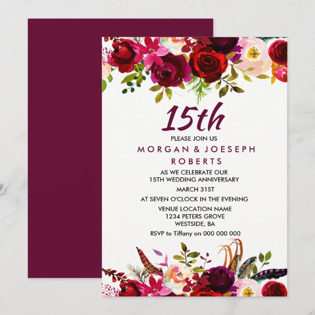 Burgundy Red 15th Wedding Anniversary Invite (Front/Back)