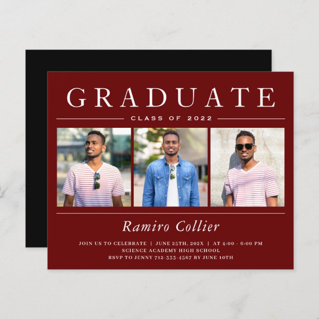 Burgundy Red 3 Photo Graduation Invitations (Front/Back)