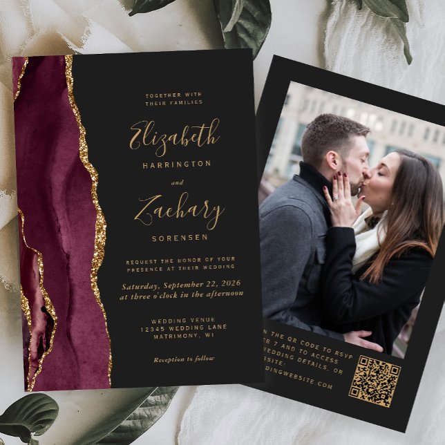 Burgundy Red Agate Dark Photo QR Code Wedding Invitation (Creator Uploaded)