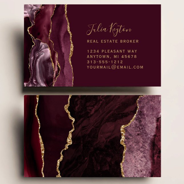 Burgundy Red Agate Geode Gold Glitter Real Estate Business Card (Creator Uploaded)