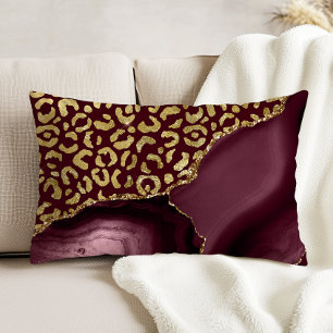 Burgundy Red Agate Gold Glitter Leopard Spots Decorative Cushion
