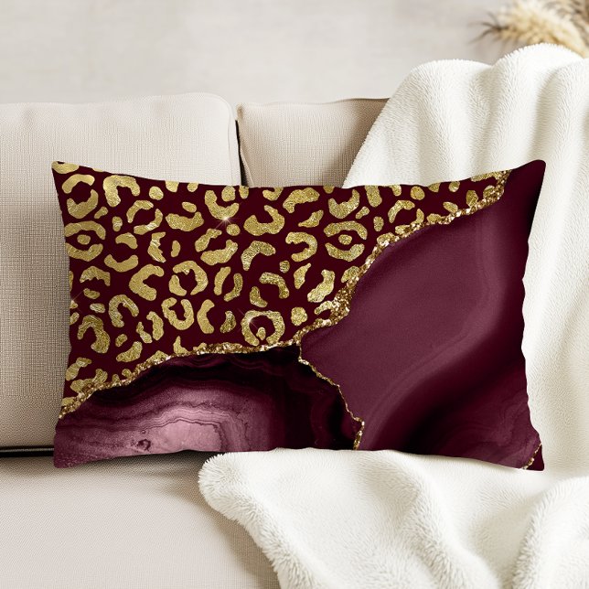 Burgundy Red Agate Gold Glitter Leopard Spots Decorative Cushion (Creator Uploaded)
