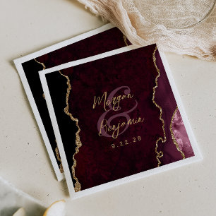 Burgundy Red Agate Gold Script Wedding Napkin