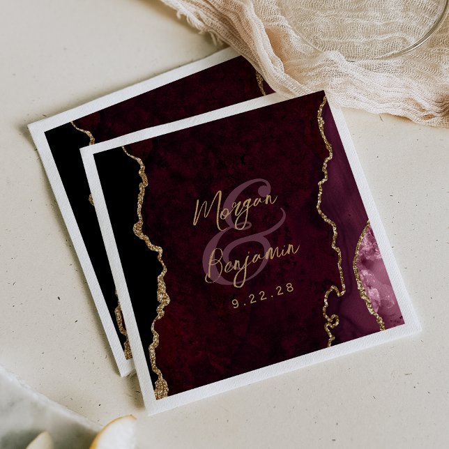 Burgundy Red Agate Gold Script Wedding Napkin (Creator Uploaded)