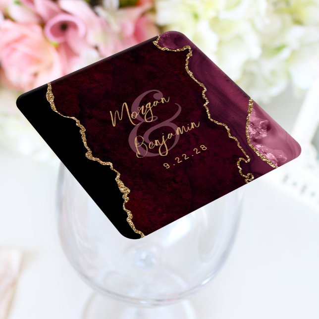 Burgundy Red Agate Gold Script Wedding Square Paper Coaster (Creator Uploaded)