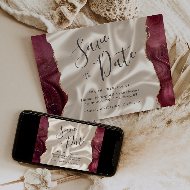 Burgundy Red Agate Ivory Silk Save the Date Invitation (Creator Uploaded)